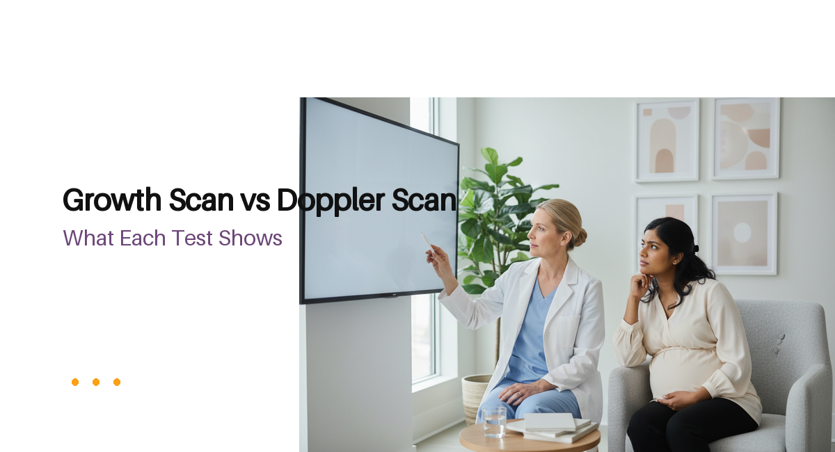 Pregnant patient discussing growth scan vs doppler scan with an obstetrician
